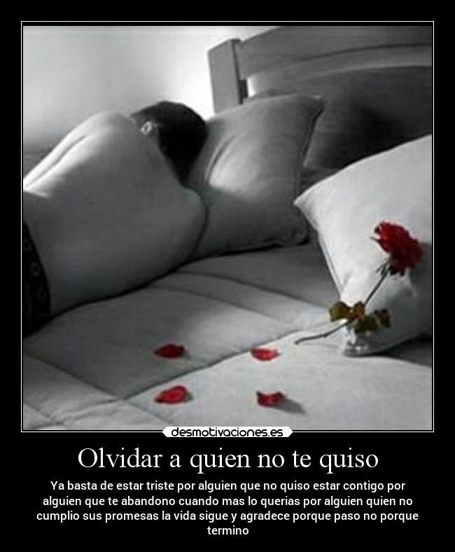Olvidar a quien no te quiso - Ya basta de estar triste por alguien que no quiso estar contigo por
alguien que te abandono cuando mas lo querias por alguien quien no
cumplio sus promesas la vida sigue y agradece porque paso no porque
termino