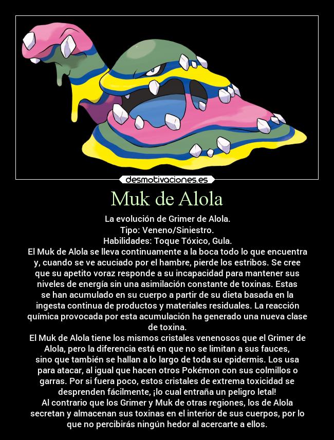 Muk de Alola - La evolución de Grimer de Alola.
Tipo: Veneno/Siniestro.
Habilidades: Toque Tóxico, Gula.
El Muk de Alola se lleva continuamente a la boca todo lo que encuentra
y, cuando se ve acuciado por el hambre, pierde los estribos. Se cree
que su apetito voraz responde a su incapacidad para mantener sus
niveles de energía sin una asimilación constante de toxinas. Estas
se han acumulado en su cuerpo a partir de su dieta basada en la
ingesta continua de productos y materiales residuales. La reacción
química provocada por esta acumulación ha generado una nueva clase
de toxina.
El Muk de Alola tiene los mismos cristales venenosos que el Grimer de
Alola, pero la diferencia está en que no se limitan a sus fauces,
sino que también se hallan a lo largo de toda su epidermis. Los usa
para atacar, al igual que hacen otros Pokémon con sus colmillos o
garras. Por si fuera poco, estos cristales de extrema toxicidad se
desprenden fácilmente, ¡lo cual entraña un peligro letal!
Al contrario que los Grimer y Muk de otras regiones, los de Alola
secretan y almacenan sus toxinas en el interior de sus cuerpos, por lo
que no percibirás ningún hedor al acercarte a ellos.