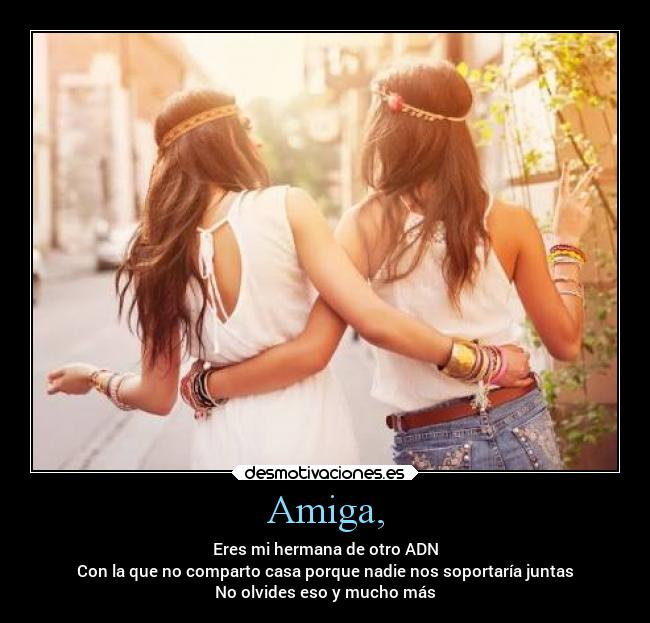 Amiga, - Eres mi hermana de otro ADN
Con la que no comparto casa porque nadie nos soportaría juntas
No olvides eso y mucho más