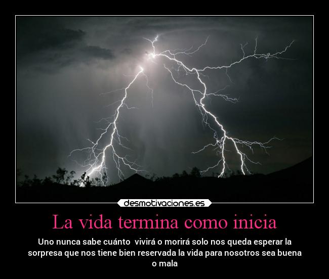 La vida termina como inicia - Uno nunca sabe cuánto vivirá o morirá solo nos queda esperar la
sorpresa que nos tiene bien reservada la vida para nosotros sea buena
o mala