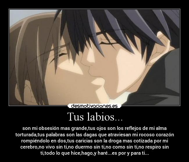Tus labios... - son mi obsesión mas grande,tus ojos son los reflejos de mi alma
torturada,tus palabras son las dagas que atraviesan mi rocoso corazón
rompiéndolo en dos,tus caricias son la droga mas cotizada por mi
cerebro,no vivo sin ti,no duermo sin ti,no como sin ti,no respiro sin
ti,todo lo que hice,hago,y haré...es por y para ti...