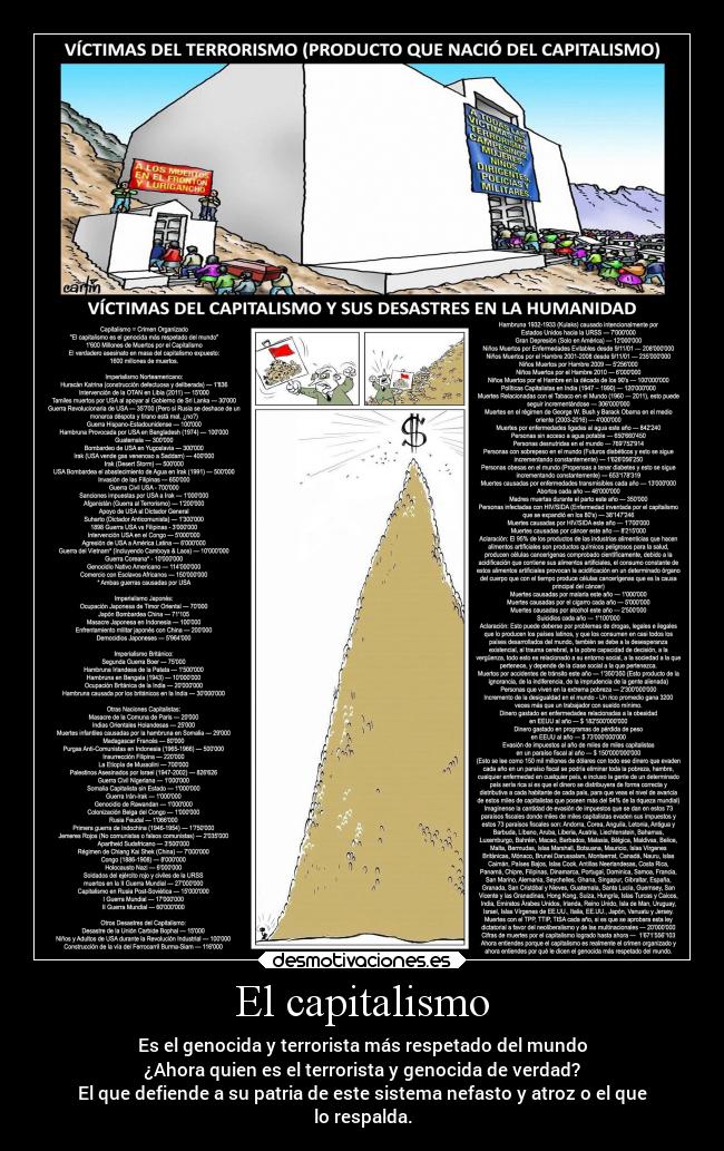 El capitalismo - Es el genocida y terrorista más respetado del mundo
¿Ahora quien es el terrorista y genocida de verdad?
El que defiende a su patria de este sistema nefasto y atroz o el que
lo respalda.