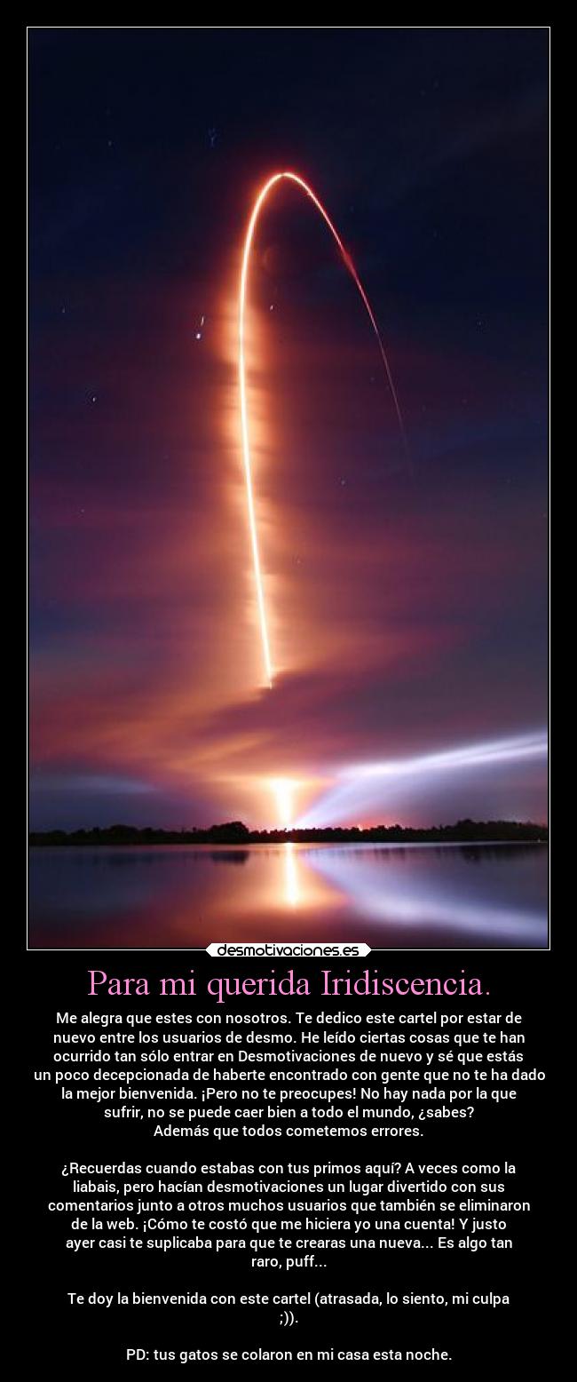 Para mi querida Iridiscencia. - Me alegra que estes con nosotros. Te dedico este cartel por estar de
nuevo entre los usuarios de desmo. He leído ciertas cosas que te han
ocurrido tan sólo entrar en Desmotivaciones de nuevo y sé que estás
un poco decepcionada de haberte encontrado con gente que no te ha dado
la mejor bienvenida. ¡Pero no te preocupes! No hay nada por la que
sufrir, no se puede caer bien a todo el mundo, ¿sabes?
Además que todos cometemos errores.
¿Recuerdas cuando estabas con tus primos aquí? A veces como la
liabais, pero hacían desmotivaciones un lugar divertido con sus
comentarios junto a otros muchos usuarios que también se eliminaron
de la web. ¡Cómo te costó que me hiciera yo una cuenta! Y justo
ayer casi te suplicaba para que te crearas una nueva... Es algo tan
raro, puff...
Te doy la bienvenida con este cartel (atrasada, lo siento, mi culpa
;)).
PD: tus gatos se colaron en mi casa esta noche.