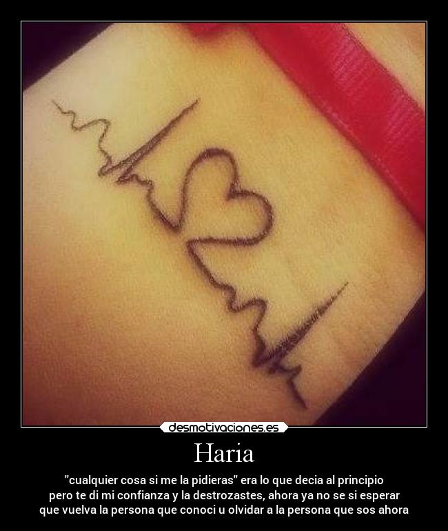 Haria - cualquier cosa si me la pidieras era lo que decia al principio
pero te di mi confianza y la destrozastes, ahora ya no se si esperar
que vuelva la persona que conoci u olvidar a la persona que sos ahora
