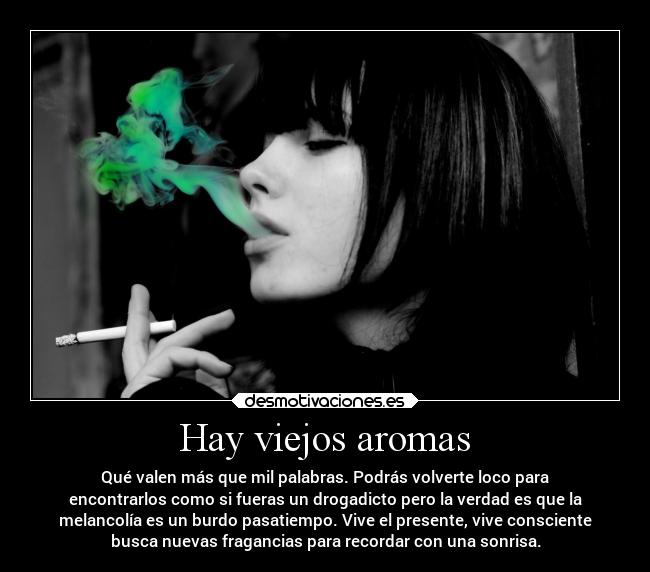 Hay viejos aromas - Qué valen más que mil palabras. Podrás volverte loco para
encontrarlos como si fueras un drogadicto pero la verdad es que la
melancolía es un burdo pasatiempo. Vive el presente, vive consciente
busca nuevas fragancias para recordar con una sonrisa.