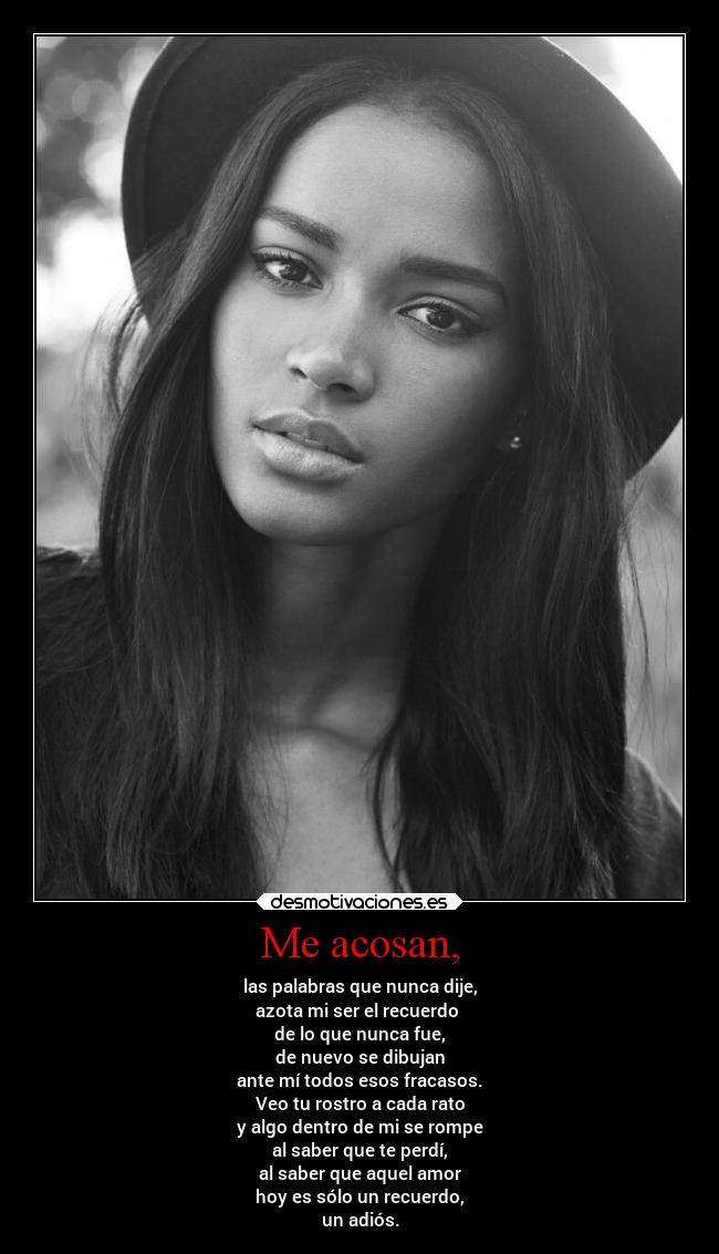 Me acosan, - las palabras que nunca dije,
azota mi ser el recuerdo
de lo que nunca fue,
de nuevo se dibujan
ante mí todos esos fracasos.
Veo tu rostro a cada rato
y algo dentro de mi se rompe
al saber que te perdí,
al saber que aquel amor
hoy es sólo un recuerdo,
un adiós.