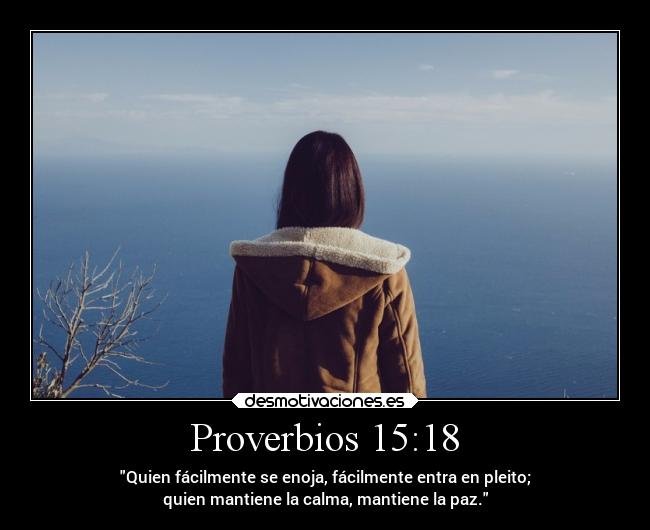 Proverbios 15:18 - Quien fácilmente se enoja, fácilmente entra en pleito;
quien mantiene la calma, mantiene la paz.