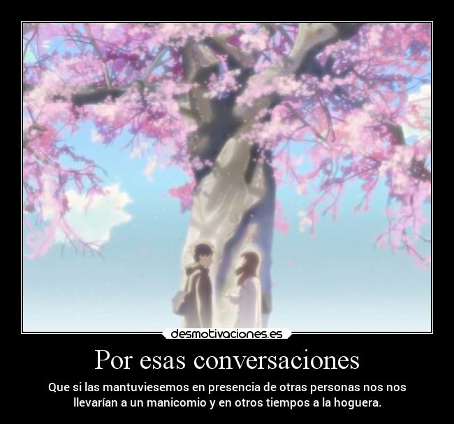 Por esas conversaciones - Que si las mantuviesemos en presencia de otras personas nos nos
llevarían a un manicomio y en otros tiempos a la hoguera.