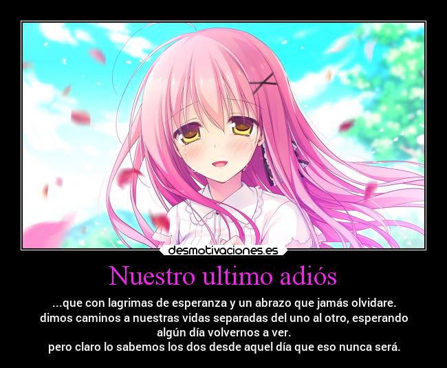Nuestro ultimo adiós - ...que con lagrimas de esperanza y un abrazo que jamás olvidare.
dimos caminos a nuestras vidas separadas del uno al otro, esperando
algún día volvernos a ver.
pero claro lo sabemos los dos desde aquel día que eso nunca será.