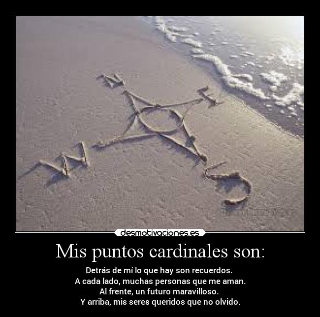 Mis puntos cardinales son: - Detrás de mí lo que hay son recuerdos.
A cada lado, muchas personas que me aman.
Al frente, un futuro maravilloso.
Y arriba, mis seres queridos que no olvido.