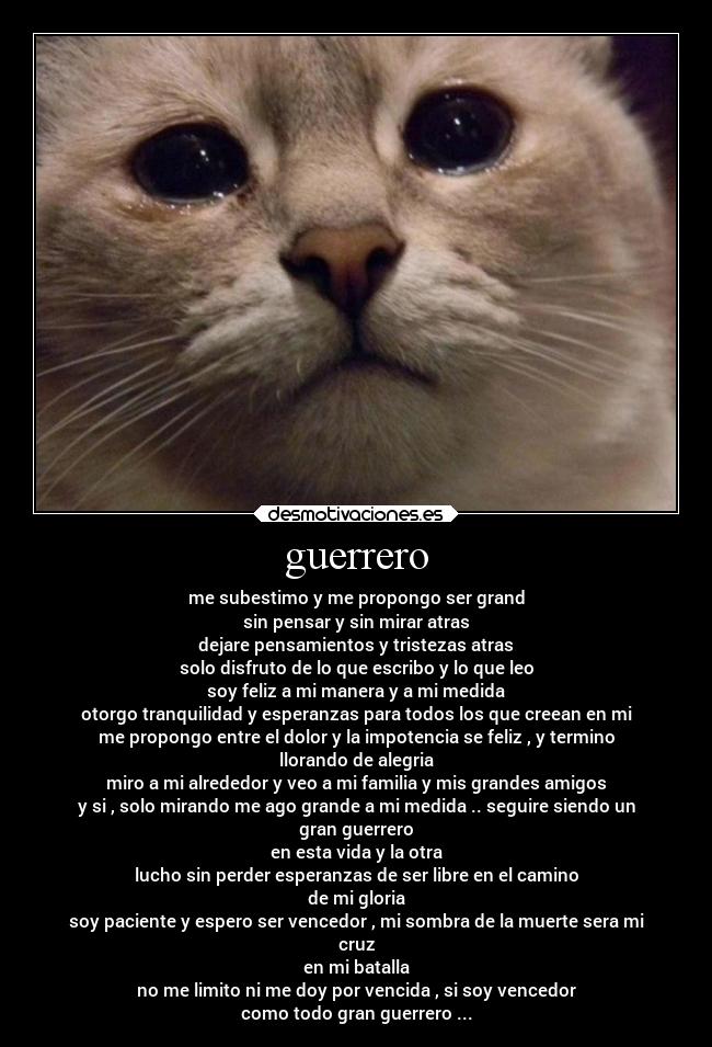 guerrero - me subestimo y me propongo ser grand
sin pensar y sin mirar atras
dejare pensamientos y tristezas atras
solo disfruto de lo que escribo y lo que leo
soy feliz a mi manera y a mi medida
otorgo tranquilidad y esperanzas para todos los que creean en mi
me propongo entre el dolor y la impotencia se feliz , y termino
llorando de alegria
miro a mi alrededor y veo a mi familia y mis grandes amigos
y si , solo mirando me ago grande a mi medida .. seguire siendo un
gran guerrero
en esta vida y la otra
lucho sin perder esperanzas de ser libre en el camino
de mi gloria
soy paciente y espero ser vencedor , mi sombra de la muerte sera mi
cruz
en mi batalla
no me limito ni me doy por vencida , si soy vencedor
como todo gran guerrero ...