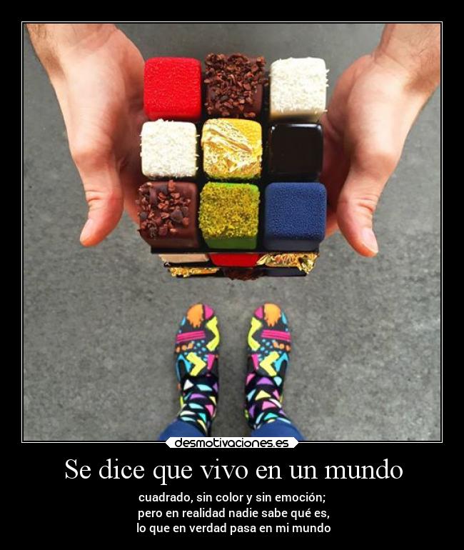 Se dice que vivo en un mundo - cuadrado, sin color y sin emoción;
pero en realidad nadie sabe qué es,
lo que en verdad pasa en mi mundo