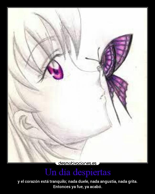 Un día despiertas - y el corazón está tranquilo; nada duele, nada angustia, nada grita.
Entonces ya fue, ya acabó.