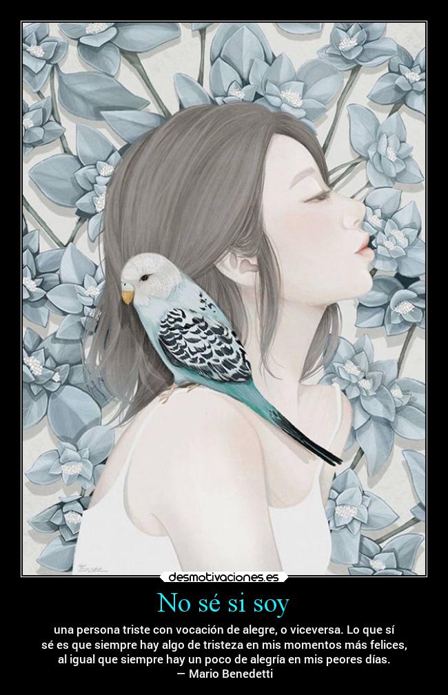 No sé si soy - una persona triste con vocación de alegre, o viceversa. Lo que sí
sé es que siempre hay algo de tristeza en mis momentos más felices,
al igual que siempre hay un poco de alegría en mis peores días.
— Mario Benedetti