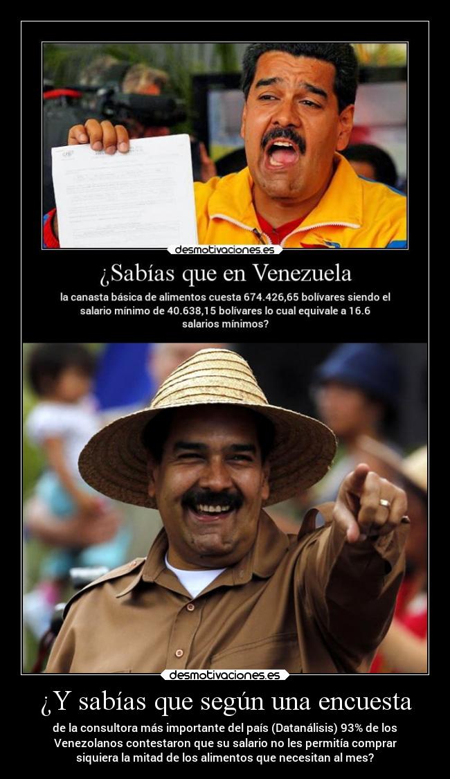 ¿Y sabías que según una encuesta - de la consultora más importante del país (Datanálisis) 93% de los
Venezolanos contestaron que su salario no les permitía comprar
siquiera la mitad de los alimentos que necesitan al mes?