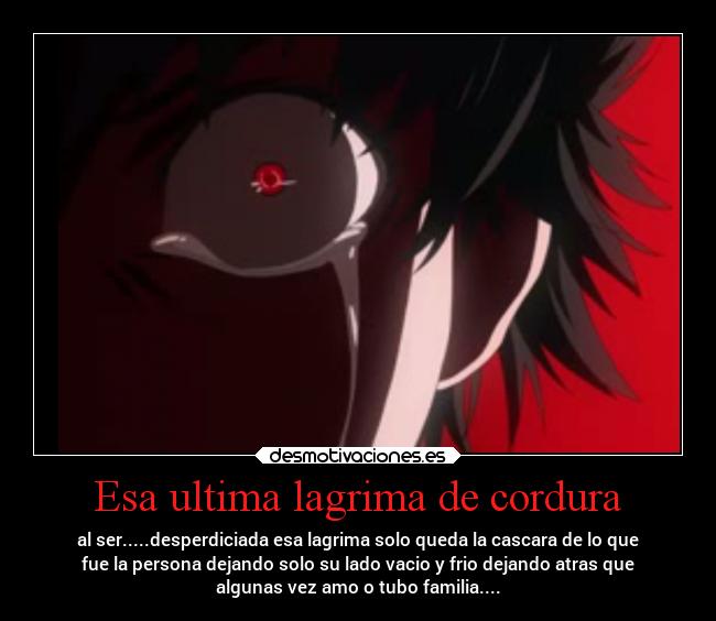 Esa ultima lagrima de cordura - al ser.....desperdiciada esa lagrima solo queda la cascara de lo que
fue la persona dejando solo su lado vacio y frio dejando atras que
algunas vez amo o tubo familia....
