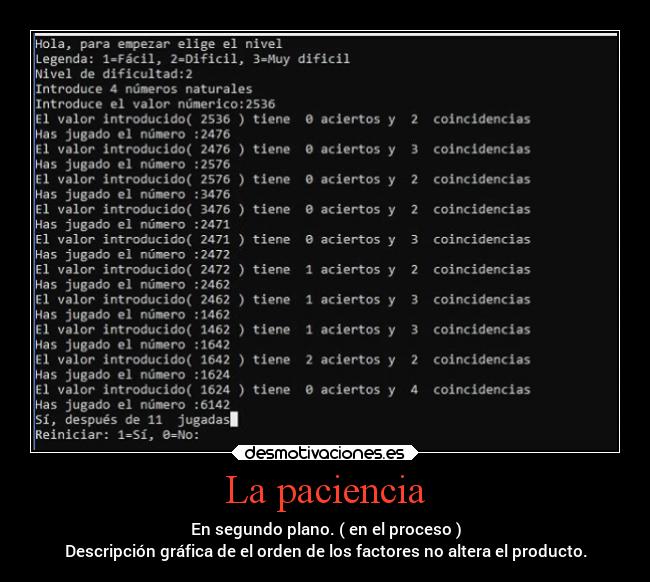 La paciencia - En segundo plano. ( en el proceso )
Descripción gráfica de el orden de los factores no altera el producto.