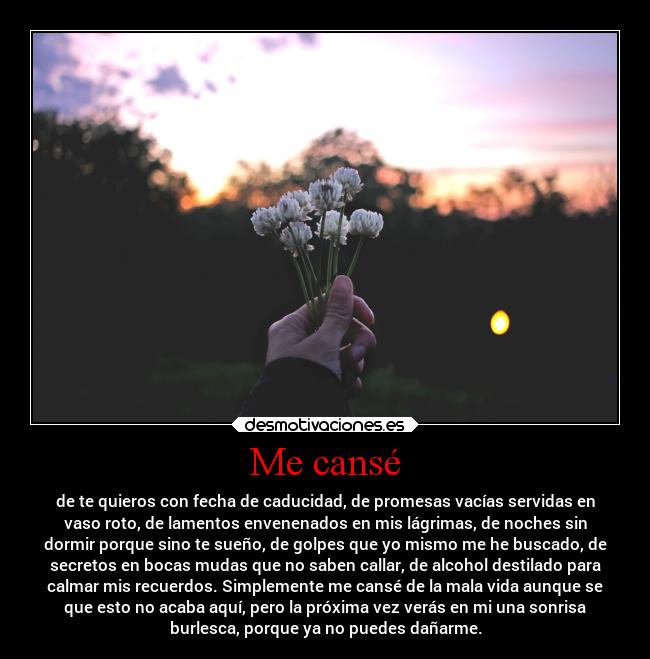 Me cansé - de te quieros con fecha de caducidad, de promesas vacías servidas en
vaso roto, de lamentos envenenados en mis lágrimas, de noches sin
dormir porque sino te sueño, de golpes que yo mismo me he buscado, de
secretos en bocas mudas que no saben callar, de alcohol destilado para
calmar mis recuerdos. Simplemente me cansé de la mala vida aunque se
que esto no acaba aquí, pero la próxima vez verás en mi una sonrisa
burlesca, porque ya no puedes dañarme.