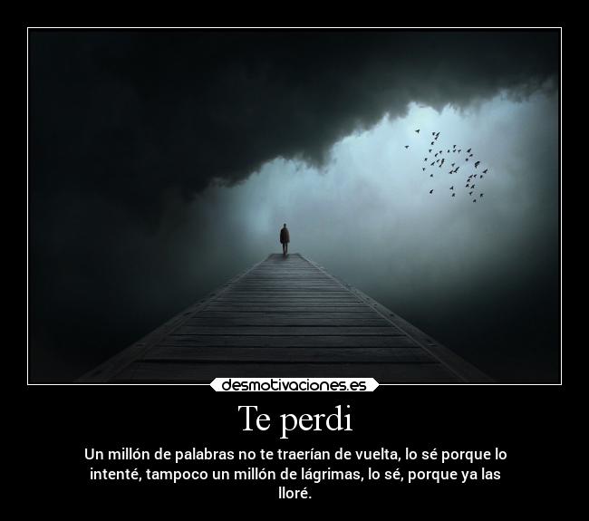 Te perdi - Un millón de palabras no te traerían de vuelta, lo sé porque lo
intenté, tampoco un millón de lágrimas, lo sé, porque ya las
lloré.