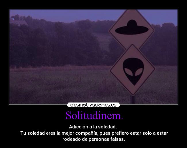Solitudinem. - Adicción a la soledad. 
 Tu soledad eres la mejor compañía, pues prefiero estar solo a estar
rodeado de personas falsas.