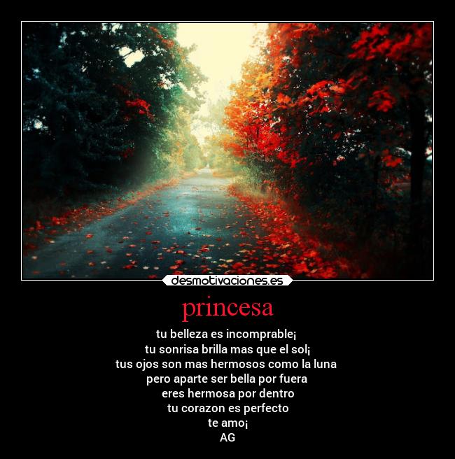 princesa - tu belleza es incomprable¡
tu sonrisa brilla mas que el sol¡
tus ojos son mas hermosos como la luna
pero aparte ser bella por fuera
eres hermosa por dentro
tu corazon es perfecto
te amo¡
AG