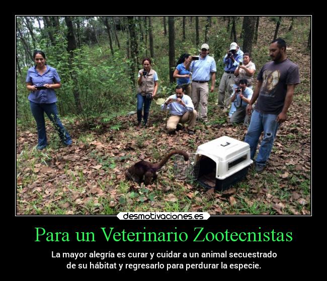 Para un Veterinario Zootecnistas - La mayor alegría es curar y cuidar a un animal secuestrado
de su hábitat y regresarlo para perdurar la especie.