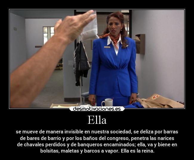 Ella - se mueve de manera invisible en nuestra sociedad, se deliza por barras
de bares de barrio y por los baños del congreso, penetra las narices
de chavales perdidos y de banqueros encaminados; ella, va y biene en
bolsitas, maletas y barcos a vapor. Ella es la reina.