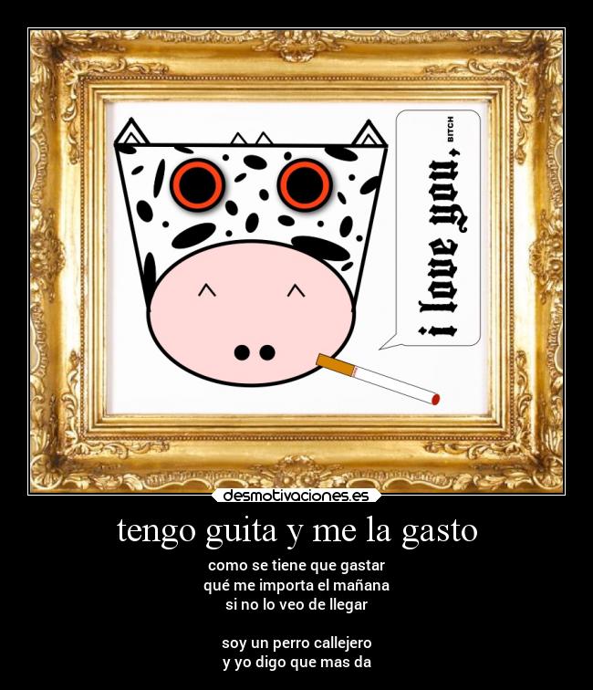 tengo guita y me la gasto - como se tiene que gastar
qué me importa el mañana
si no lo veo de llegar
soy un perro callejero
y yo digo que mas da