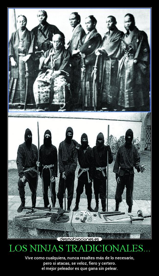 LOS NINJAS TRADICIONALES... - Vive como cualquiera, nunca resaltes más de lo necesario,
pero si atacas, se veloz, fiero y certero.
el mejor peleador es que gana sin pelear.