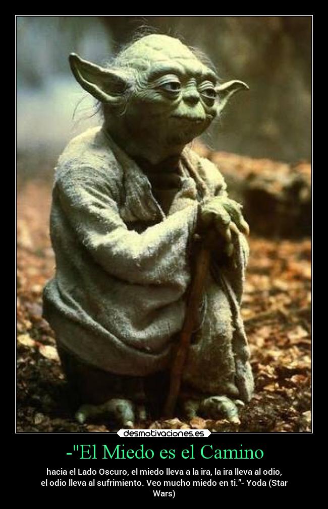 -El Miedo es el Camino - hacia el Lado Oscuro, el miedo lleva a la ira, la ira lleva al odio,
el odio lleva al sufrimiento. Veo mucho miedo en ti.”- Yoda (Star
Wars)