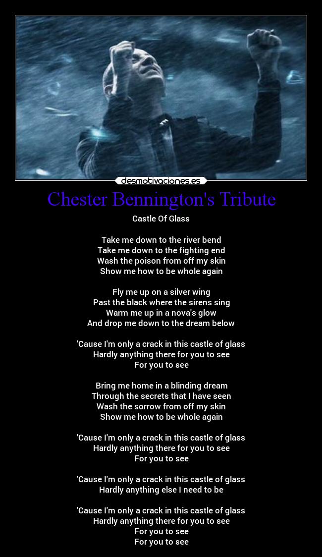 Chester Benningtons Tribute - Castle Of Glass
Take me down to the river bend
Take me down to the fighting end
Wash the poison from off my skin
Show me how to be whole again
Fly me up on a silver wing
Past the black where the sirens sing
Warm me up in a novas glow
And drop me down to the dream below
Cause Im only a crack in this castle of glass
Hardly anything there for you to see
For you to see
Bring me home in a blinding dream
Through the secrets that I have seen
Wash the sorrow from off my skin
Show me how to be whole again
Cause Im only a crack in this castle of glass
Hardly anything there for you to see
For you to see
Cause Im only a crack in this castle of glass
Hardly anything else I need to be
Cause Im only a crack in this castle of glass
Hardly anything there for you to see
For you to see
For you to see