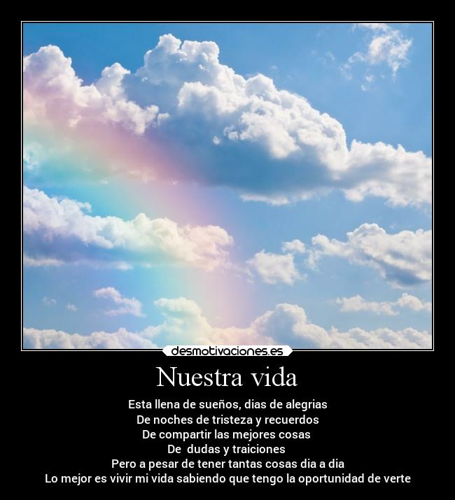 Nuestra vida - Esta llena de sueños, dias de alegrias
De noches de tristeza y recuerdos
De compartir las mejores cosas
De dudas y traiciones
Pero a pesar de tener tantas cosas dia a dia
Lo mejor es vivir mi vida sabiendo que tengo la oportunidad de verte