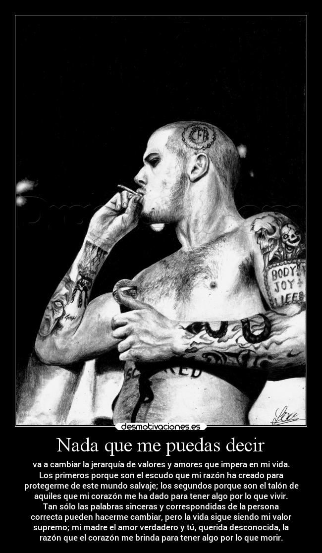 Nada que me puedas decir - va a cambiar la jerarquía de valores y amores que impera en mi vida.
Los primeros porque son el escudo que mi razón ha creado para
protegerme de este mundo salvaje; los segundos porque son el talón de
aquiles que mi corazón me ha dado para tener algo por lo que vivir.
Tan sólo las palabras sinceras y correspondidas de la persona
correcta pueden hacerme cambiar, pero la vida sigue siendo mi valor
supremo; mi madre el amor verdadero y tú, querida desconocida, la
razón que el corazón me brinda para tener algo por lo que morir.