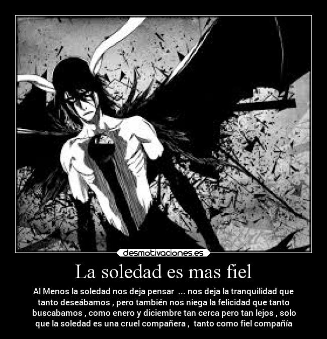 La soledad es mas fiel - Al Menos la soledad nos deja pensar ... nos deja la tranquilidad que
tanto deseábamos , pero también nos niega la felicidad que tanto
buscabamos , como enero y diciembre tan cerca pero tan lejos , solo
que la soledad es una cruel compañera , tanto como fiel compañía