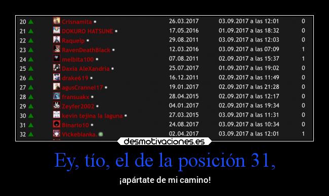 Ey, tío, el de la posición 31, - ¡apártate de mi camino!