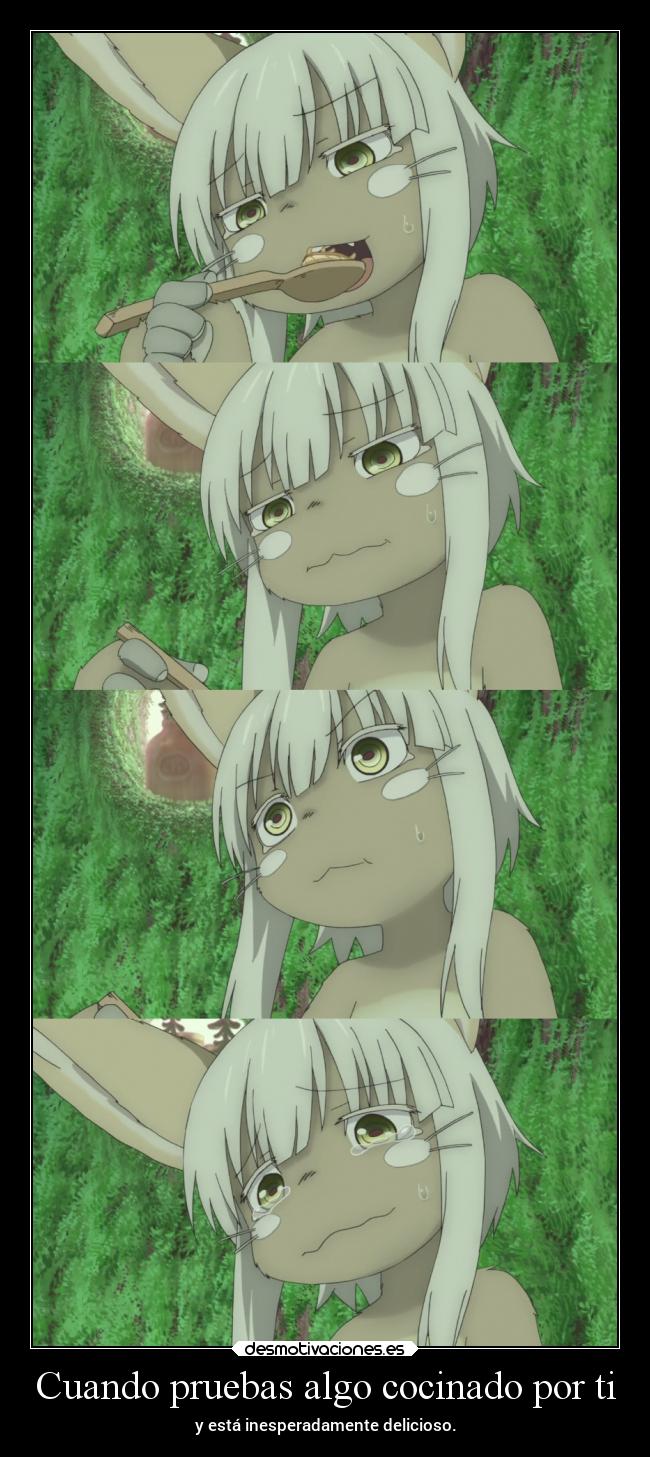 carteles anime humor risa felicidad comida raptorhunters harukaze erosekai madeinabyss nanachi desmotivaciones