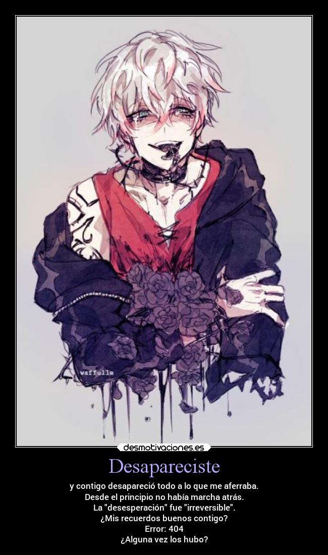 Desapareciste - y contigo desapareció todo a lo que me aferraba.
Desde el principio no había marcha atrás.
La desesperación fue irreversible.
¿Mis recuerdos buenos contigo?
Error: 404
¿Alguna vez los hubo?
