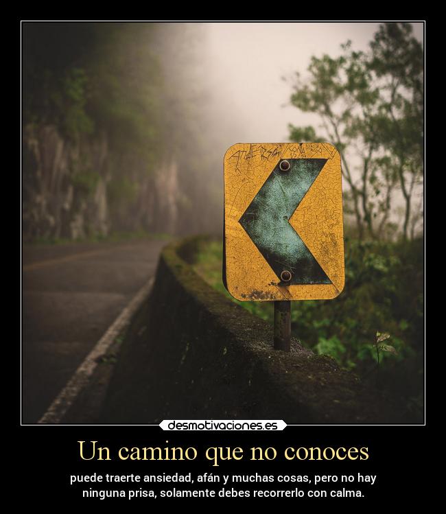 Un camino que no conoces - puede traerte ansiedad, afán y muchas cosas, pero no hay
ninguna prisa, solamente debes recorrerlo con calma.