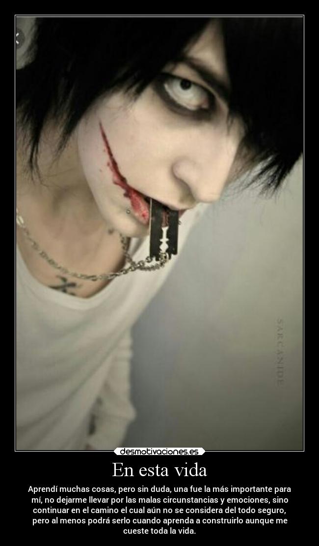 En esta vida - Aprendí muchas cosas, pero sin duda, una fue la más importante para
mí, no dejarme llevar por las malas circunstancias y emociones, sino
continuar en el camino el cual aún no se considera del todo seguro,
pero al menos podrá serlo cuando aprenda a construirlo aunque me
cueste toda la vida.