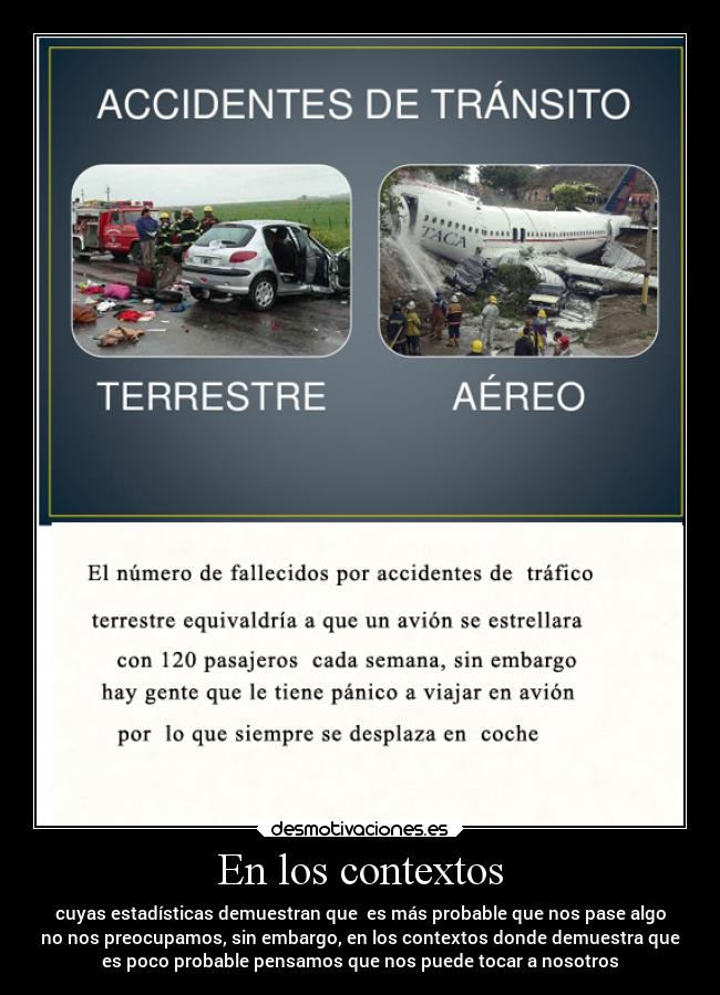 En los contextos - cuyas estadísticas demuestran que  es más probable que nos pase algo
no nos preocupamos, sin embargo, en los contextos donde demuestra que
es poco probable pensamos que nos puede tocar a nosotros