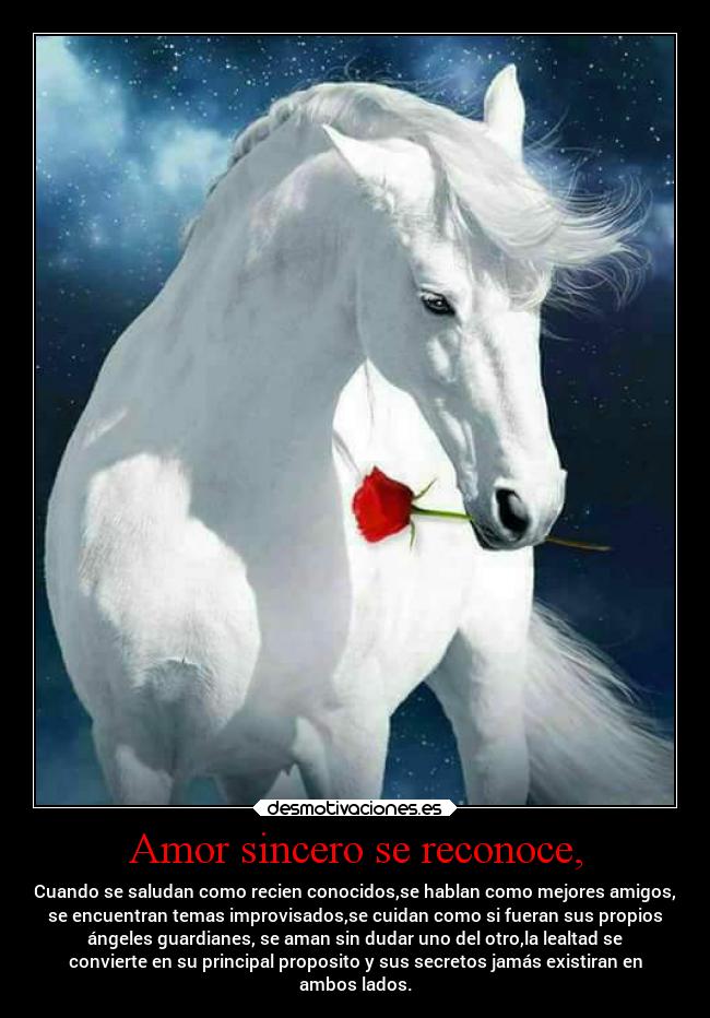 Amor sincero se reconoce, - Cuando se saludan como recien conocidos,se hablan como mejores amigos,
se encuentran temas improvisados,se cuidan como si fueran sus propios
ángeles guardianes, se aman sin dudar uno del otro,la lealtad se
convierte en su principal proposito y sus secretos jamás existiran en
ambos lados.