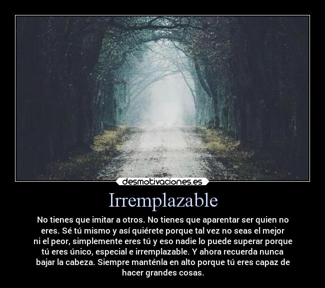 Irremplazable - No tienes que imitar a otros. No tienes que aparentar ser quien no
eres. Sé tú mismo y así quiérete porque tal vez no seas el mejor
ni el peor, simplemente eres tú y eso nadie lo puede superar porque
tú eres único, especial e irremplazable. Y ahora recuerda nunca
bajar la cabeza. Siempre manténla en alto porque tú eres capaz de
hacer grandes cosas.