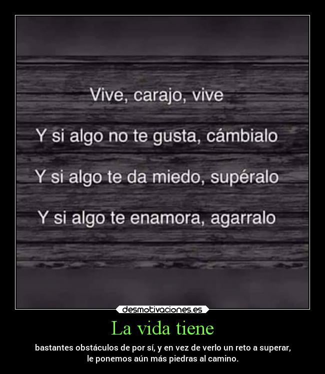 La vida tiene - bastantes obstáculos de por sí, y en vez de verlo un reto a superar,
le ponemos aún más piedras al camino.