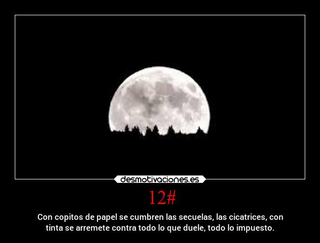 12# - Con copitos de papel se cumbren las secuelas, las cicatrices, con
tinta se arremete contra todo lo que duele, todo lo impuesto.