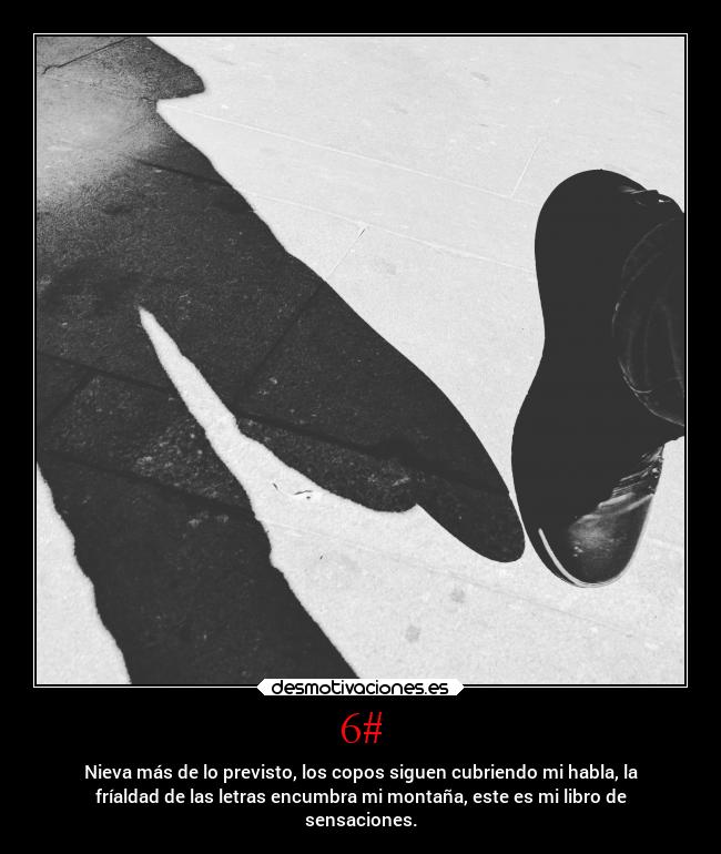 6# - Nieva más de lo previsto, los copos siguen cubriendo mi habla, la
fríaldad de las letras encumbra mi montaña, este es mi libro de
sensaciones.