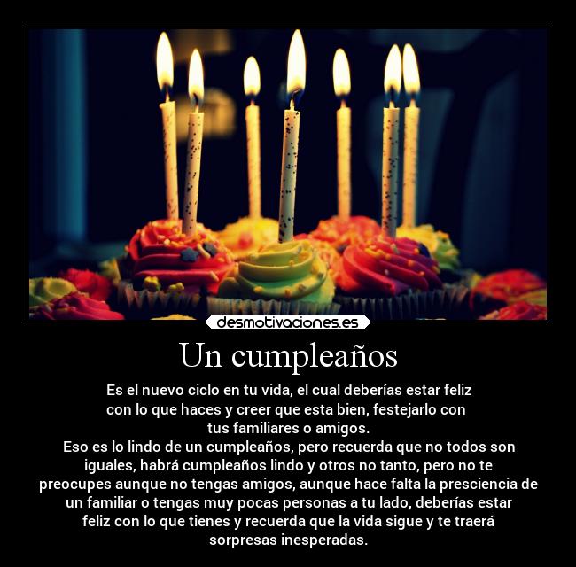 Un cumpleaños - Es el nuevo ciclo en tu vida, el cual deberías estar feliz
con lo que haces y creer que esta bien, festejarlo con 
tus familiares o amigos.
Eso es lo lindo de un cumpleaños, pero recuerda que no todos son
iguales, habrá cumpleaños lindo y otros no tanto, pero no te
preocupes aunque no tengas amigos, aunque hace falta la presciencia de
un familiar o tengas muy pocas personas a tu lado, deberías estar
feliz con lo que tienes y recuerda que la vida sigue y te traerá
sorpresas inesperadas.