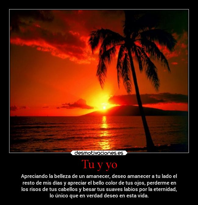 Tu y yo - Apreciando la belleza de un amanecer, deseo amanecer a tu lado el
resto de mis días y apreciar el bello color de tus ojos, perderme en
los risos de tus cabellos y besar tus suaves labios por la eternidad,
lo único que en verdad deseo en esta vida.