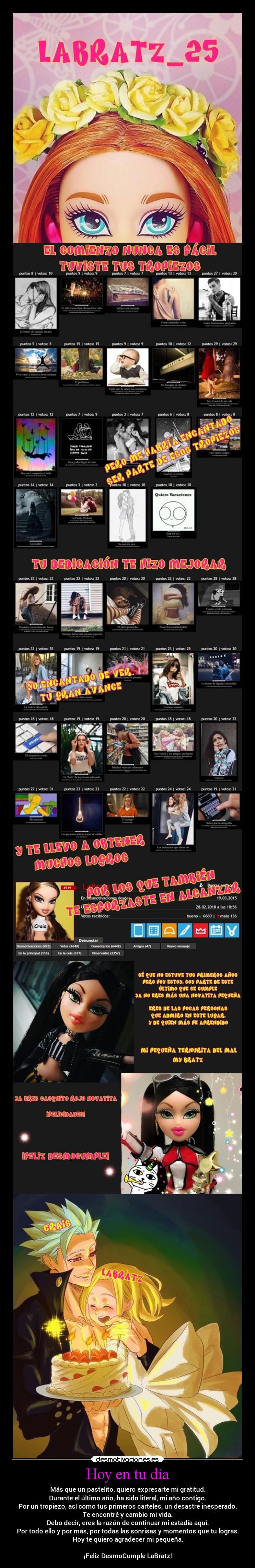 Hoy en tu día - Más que un pastelito, quiero expresarte mi gratitud.
Durante el último año, ha sido literal, mi año contigo.
Por un tropiezo, así como tus primeros carteles, un desastre inesperado.
Te encontré y cambio mi vida.
Debo decir, eres la razón de continuar mi estadía aquí.
Por todo ello y por más, por todas las sonrisas y momentos que tu logras.
Hoy te quiero agradecer mi pequeña.

¡Feliz DesmoCumple LaBratz!