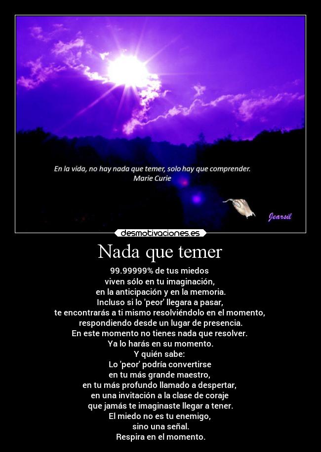 Nada que temer - 99.99999% de tus miedos 
viven sólo en tu imaginación, 
en la anticipación y en la memoria.
Incluso si lo peor llegara a pasar, 
te encontrarás a ti mismo resolviéndolo en el momento, 
respondiendo desde un lugar de presencia.
En este momento no tienes nada que resolver. 
Ya lo harás en su momento.
Y quién sabe: 
Lo peor podría convertirse 
en tu más grande maestro, 
en tu más profundo llamado a despertar, 
en una invitación a la clase de coraje 
que jamás te imaginaste llegar a tener.
El miedo no es tu enemigo, 
sino una señal.
Respira en el momento.