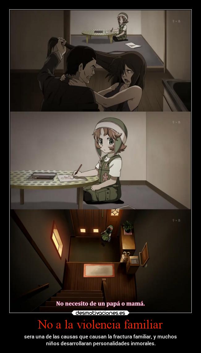 No a la violencia familiar - sera una de las causas que causan la fractura familiar, y muchos
niños desarrollaran personalidades inmorales.
